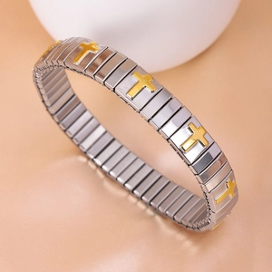 Elastic stainless steel bracelet with silver links and golden cross charms for women
