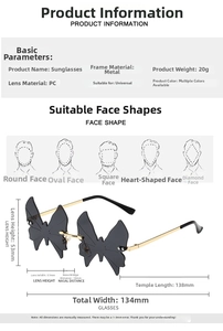 Size chart and dimensions for rimless butterfly sunglasses with metal frame and PC lenses