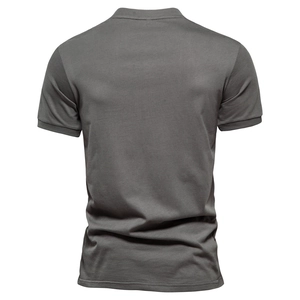Detail view of the charcoal grey cotton fabric texture and back polo collar design