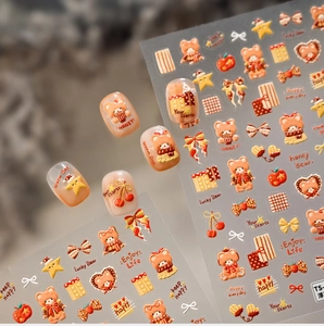 Detail of 3D honey caramel bear nail stickers with stars, cherries and honey text