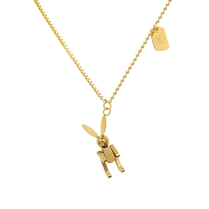 Collana in acciaio placcato oro 18k con ciondolo a coniglio mobile e targhetta fortuna