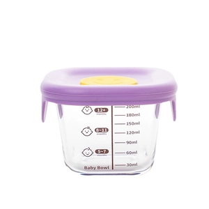 200ml borosilicate glass baby food storage container with purple silicone lid and scale