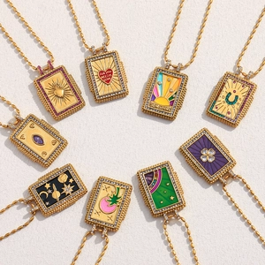 Rectangular Pendant Necklace Stainless Steel 18K Gold Plated Vintage Tarot Style Colorful Enamel Zirconia Jewelry For Women