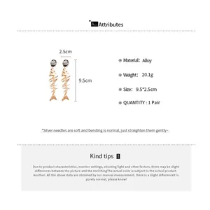 Size chart showing dimensions of gold-tone geometric fishbone earrings with silver needles