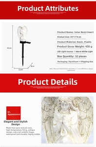 Solar powered angel garden stake light detail with 45cm height and resin material