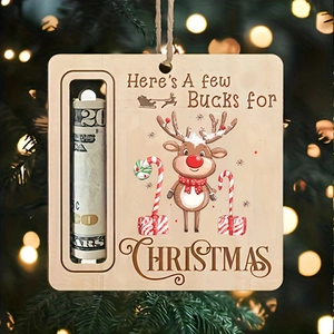 Detail of wooden reindeer Christmas money holder ornament hanging on a festive tree