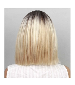 Rear view of sleek blonde ombre bob wig with straight hair and gradient roots