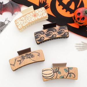 Halloween rectangular PU leather hair claws featuring skull and pumpkin themed patterns