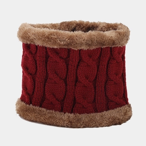 Winter cable knit neck warmer with wine red outer and soft faux fur lining for warmth