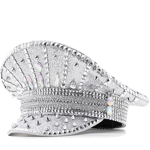 Silver Sequin Captain Hat With Metal Rivets And Rhinestones For Stage Performance Nightclub Disco Punk Military Cap