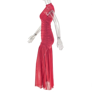 Detail of red sleeveless maxi dress with textured pleats and sheer mesh fishtail hem