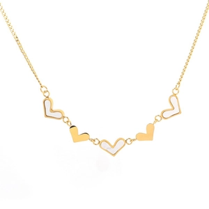 Elegant gold titanium steel necklace with five heart pendants featuring white shell inlay