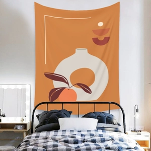 Abstract bohemian wall tapestry with vase and geometric shapes in orange and beige