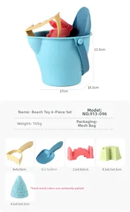 Detailed dimensions of 6-piece kids beach toy set with bucket, shovel and sand molds