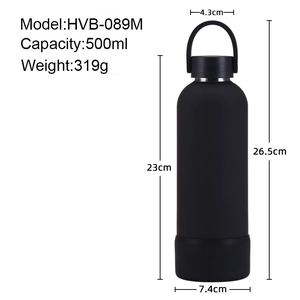 Black 500ml stainless steel insulated water bottle with handle and size dimensions
