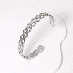 Minimalist silver wide hollow woven geometric stainless steel open bangle for women