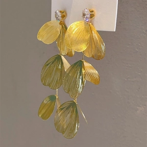Elegant gold layered ginkgo leaf tassel earrings with sparkling zircon studs