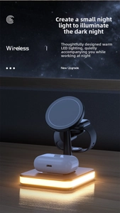 3-in-1 magnetic wireless charging station with warm LED night light in a dark setting