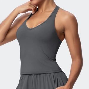 Close-up of charcoal grey high-elastic V-neck sports bra and matching shorts set