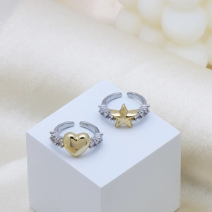 Two-tone adjustable open rings with gold heart and star motifs and crystal accents