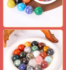 Polished 20mm natural crystal spheres in a white bowl showing various unique textures