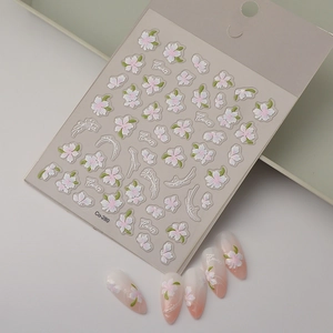 3D embossed cherry blossom nail stickers with pink flower petals and white swirls