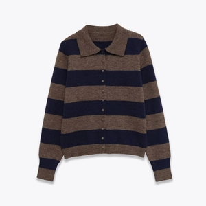 Classic striped knit cardigan with polo collar and button-up front in navy and brown