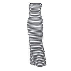 Detail of slim fit strapless maxi dress featuring black and white horizontal stripes
