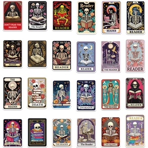 Detail view of gothic tarot skeleton stickers with colorful vintage designs on white background