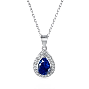 S925 sterling silver necklace with teardrop blue zircon pendant and halo crystals