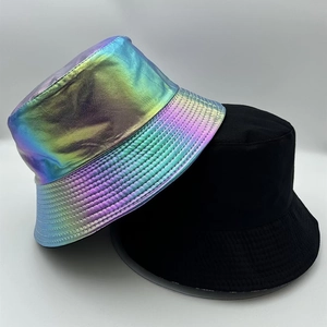 Close-up showing a combo of laser holographic PU and classic black matte fisherman hats
