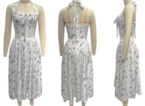 Detail view of white floral halter dress showing front, side and back on a mannequin