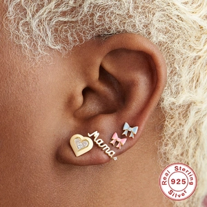 S925 sterling silver bow enamel stud earrings set with heart and Mama design for women