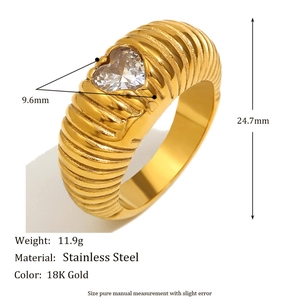 18K gold plated stainless steel threaded ring with heart zircon on white background