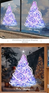 Detail of purple LED style Christmas tree window decal with Merry Christmas text
