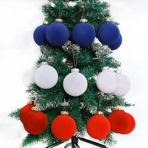Set of 16 red white and blue velvet flocked 8cm Christmas tree ornaments with hanging loops