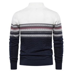 Detailed back view of men's sweater with retro jacquard patterns and color-block knit