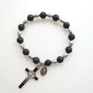 Elastic black lava stone beads bracelet with Benedictine cross and Jesus crucifix charm