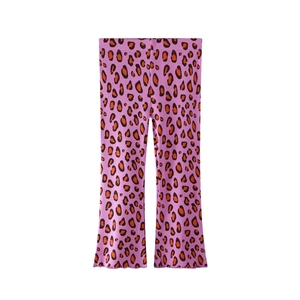 Girls purple leopard print flared ribbed knit leggings in a vibrant cotton pattern