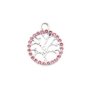 Silver tree of life pendant with sparkling pink rhinestones on white background