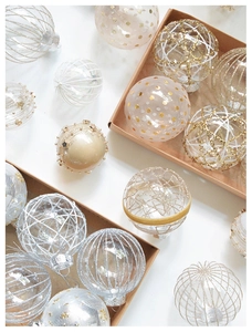 Close-up of champagne mesh Christmas ornaments with pearl dots and sparkling glitter finish