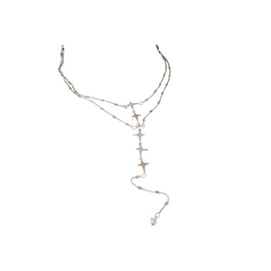 Double-layer stainless steel star tassel necklace with rhinestone pendant in silver