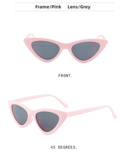 Front and side view of pink cat eye sunglasses with grey lenses in minimalist style