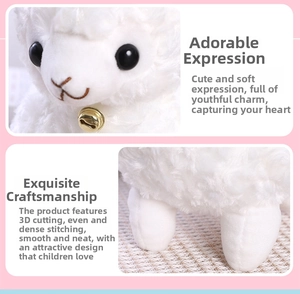 Detail of white plush sheep toy with golden bell, fine stitching and soft wool texture