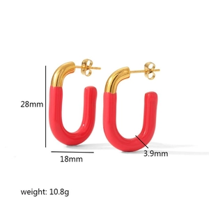 U-shaped 18K gold plated stainless steel earrings with red enamel coating for women