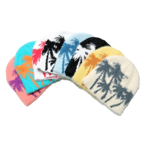 Plush faux mink knit beanies with tropical palm tree jacquard in various colors