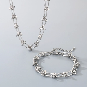 Silver-toned titanium steel knot chain necklace and bracelet set with industrial link design