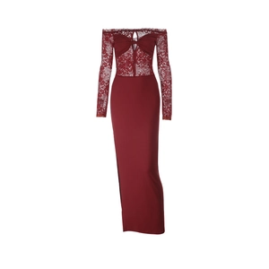 Detailed view of the burgundy lace sleeves and off-shoulder knot design on the dress
