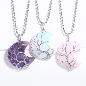 Tree Of Life Crescent Moon Pendant Necklace Handmade Copper Wire Wrapped Natural Crystal Healing Bohemian Jewelry For Women