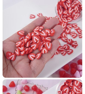 Macro view of strawberry polymer clay slices for DIY crafts and slime fillings